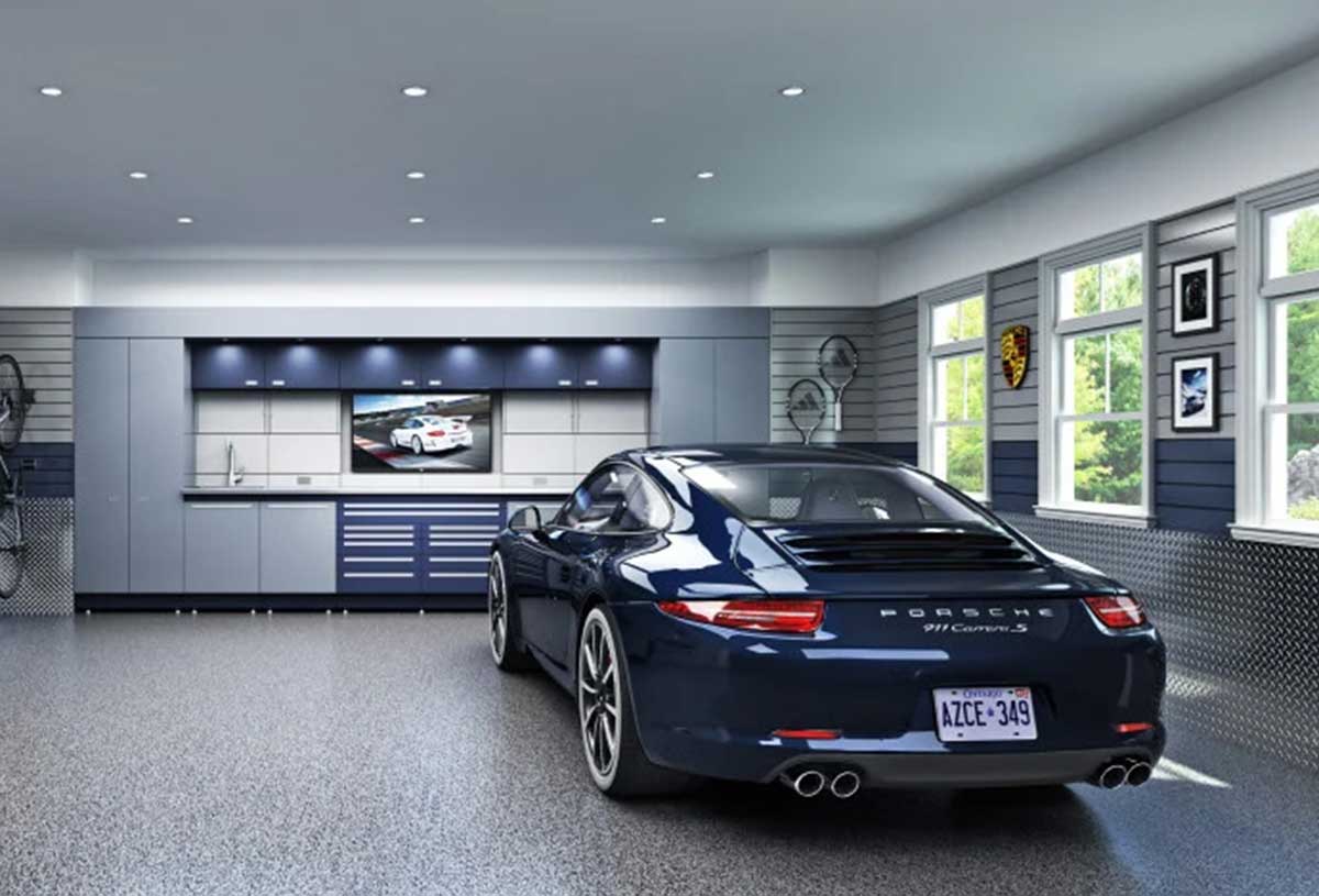 A sleek Porsche car parked inside a spacious garage, showcasing a modern and stylish automotive environment.