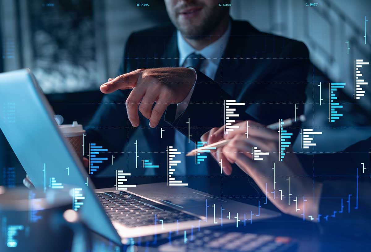 Two colleagues in formal wear working together to optimize trading strategy at corporate finance fund. Forex chart hologram over modern office background